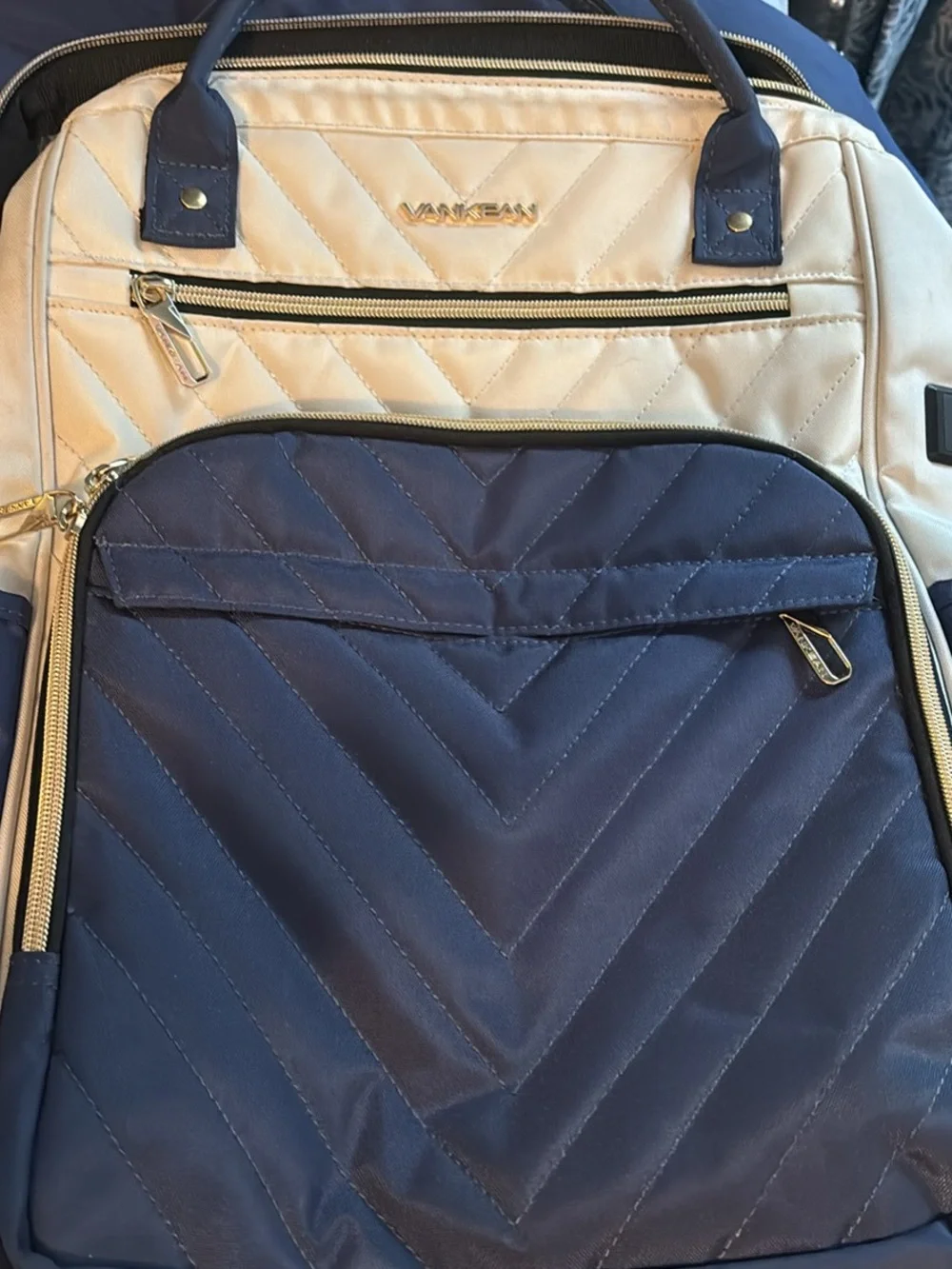 Quilted Backpack in Navy and Cream